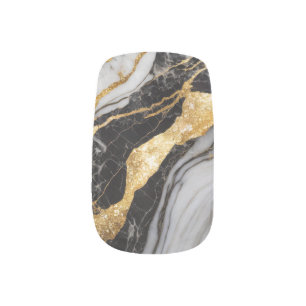 Black and White Marble Pattern with Gold Minx Nail Art