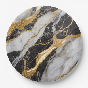 Black and White Marble Pattern with Gold Paper Plates
