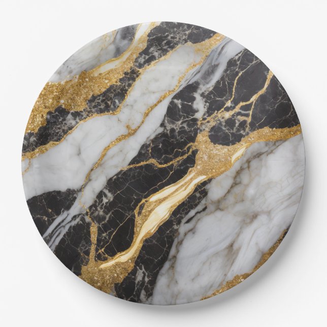 Black and White Marble Pattern with Gold Paper Plates (Front)
