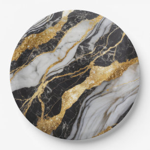 Black and White Marble Pattern with Gold Paper Plates