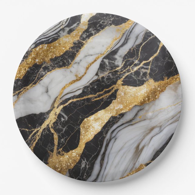Black and White Marble Pattern with Gold Paper Plates (Front)