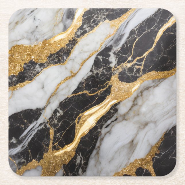 Black and White Marble Pattern with Gold Square Paper Coaster (Front)