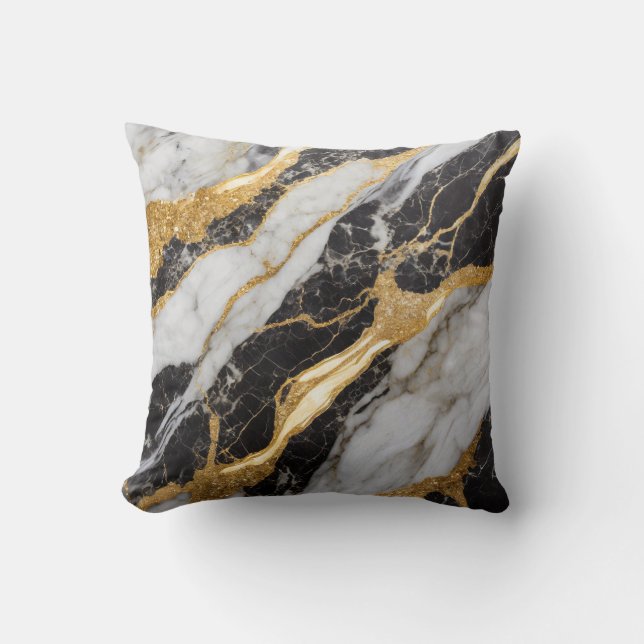 Black and White Marble Pattern with Gold Throw Pillow (Front)