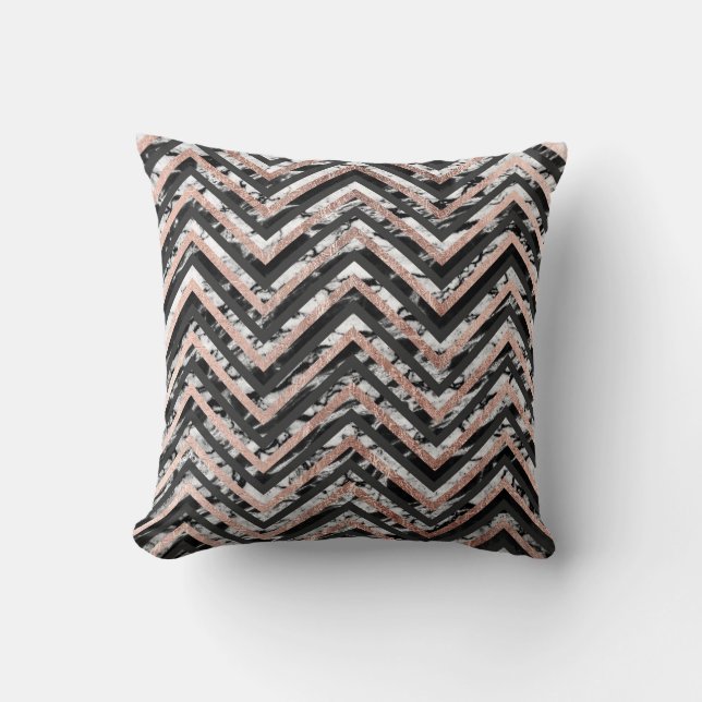 Black and White Marble Rose Gold Chevron Zigzag Throw Pillow (Front)