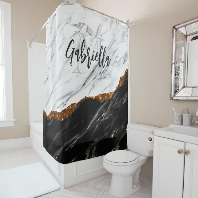 Black and White Marble Shower Curtain (In Situ)