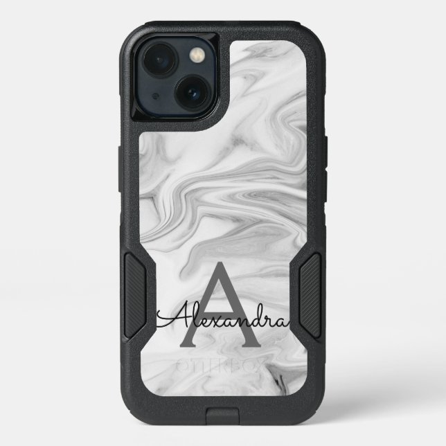 Black and White Marble Stone Monogram Otterbox iPhone Case (Back)