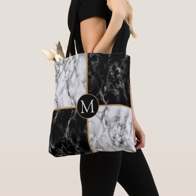 Black and White Marble Tote Bag Custom Letter (Close Up)