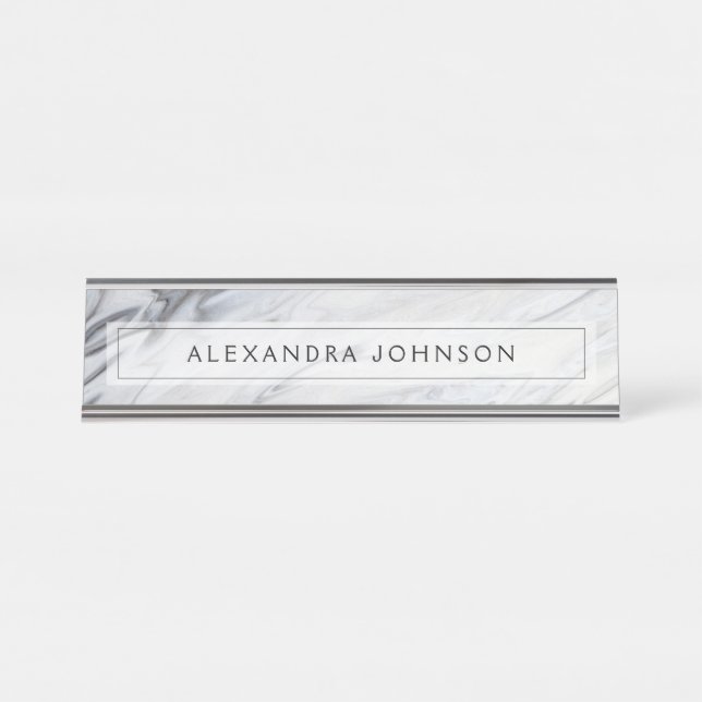 Black and White Marble Trendy Modern Desk Name Plate (Front)