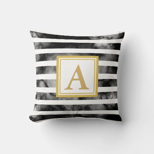 Black and White Marble with Gold Monogram Throw Pillow