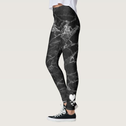 Black And White Marbled With Hearts Leggings