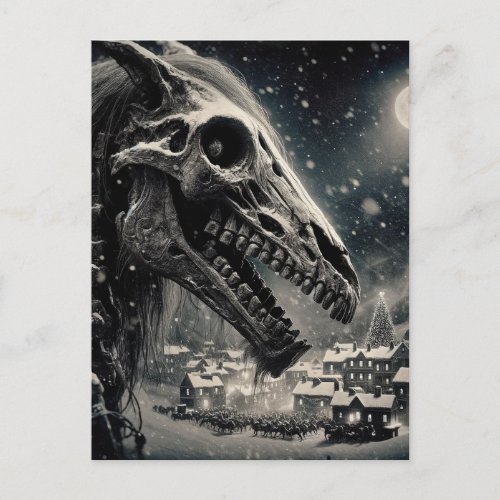 Black and White Mari Lwyd Skeleton Christmas Postcard