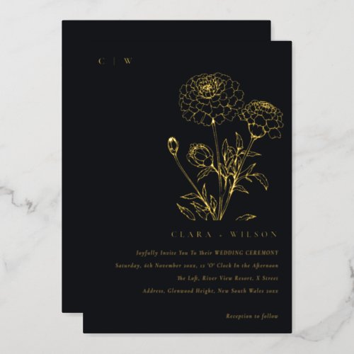 Black And White Marigold Floral Sketch Wedding Foil Invitation