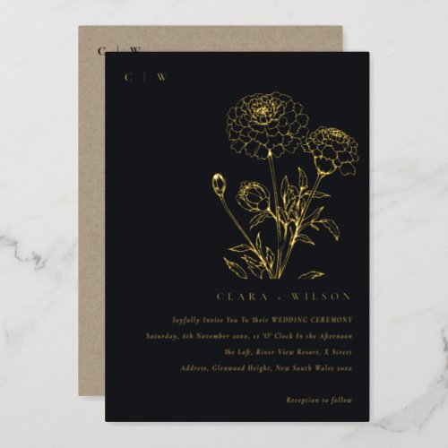 Black And White Marigold Floral Sketch Wedding Foil Invitation