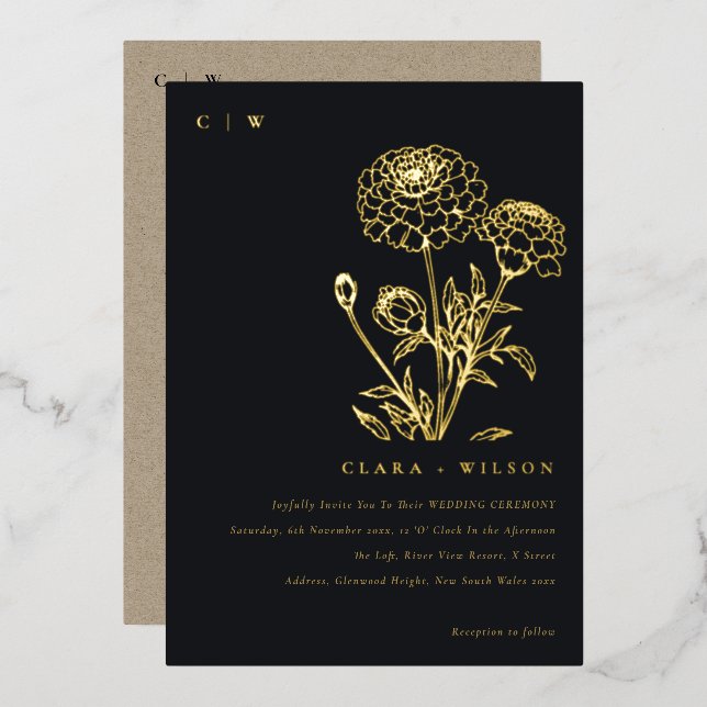 Black And White Marigold Floral Sketch Wedding Foil Invitation (Front/Back)