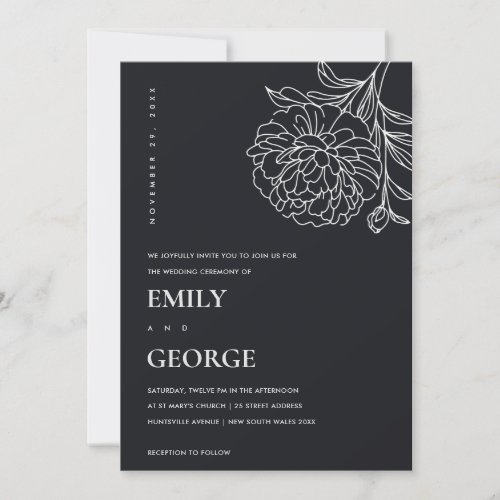 Black And White Marigold Floral Sketch Wedding Invitation