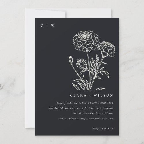 Black And White Marigold Floral Sketch Wedding Invitation
