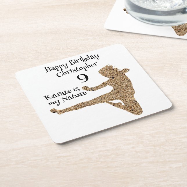 Black and White Martial Arts Karate Happy Birthday Square Paper Coaster (Angled)