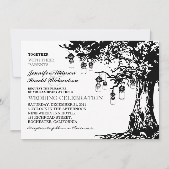 black and white mason jars tree wedding invitation (Front)