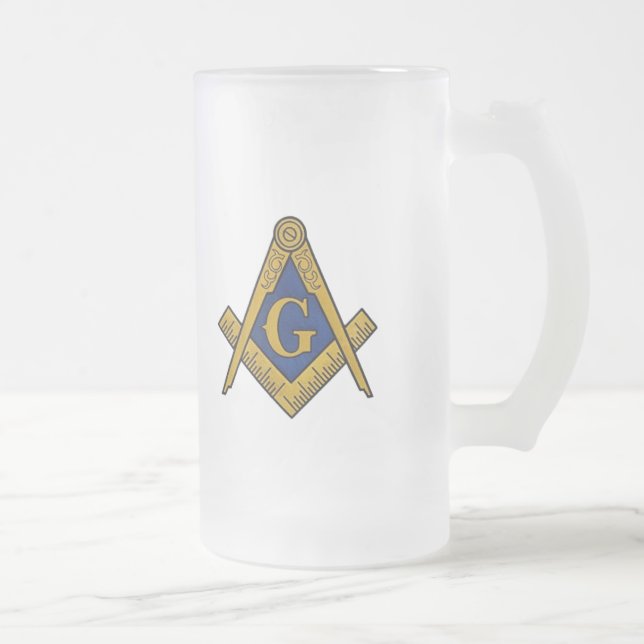Black and White Masonic Freemason Compass Frosted Glass Beer Mug (Right)