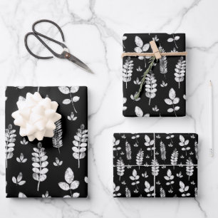 Black And White Meadow Ink Stamp Wrapping Paper Sheets