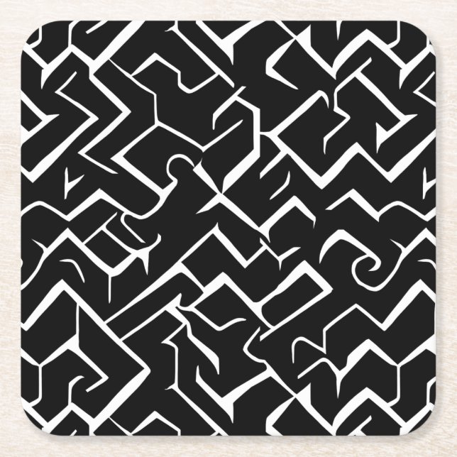 Black and White Meander Pattern | Modern Gothic Square Paper Coaster (Front)