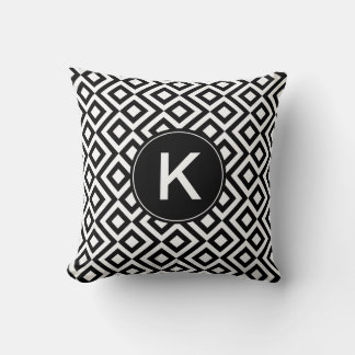 Black and White Meander with Custom Monogram Throw Pillow