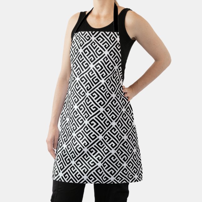 Black and white Meandering Greek Key Pattern Apron (Insitu)