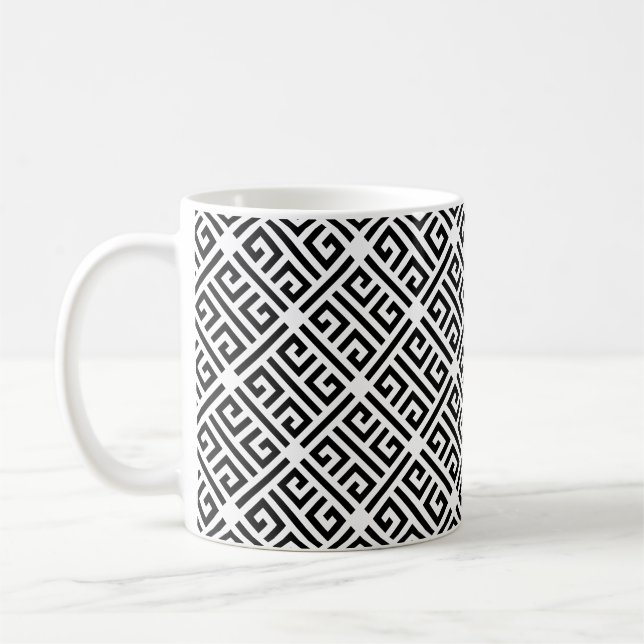 Black and white Meandering Greek Key Pattern Coffee Mug (Left)