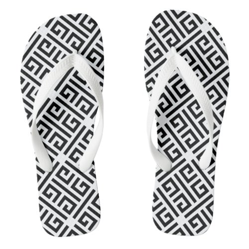 Black and white Meandering Greek Key Pattern Flip Flops