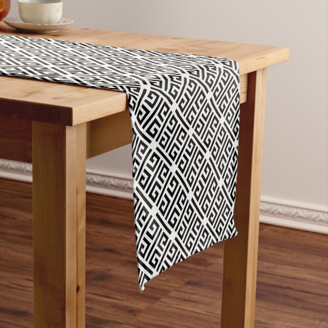 Black and white Meandering Greek Key Pattern Short Table Runner (In Situ)