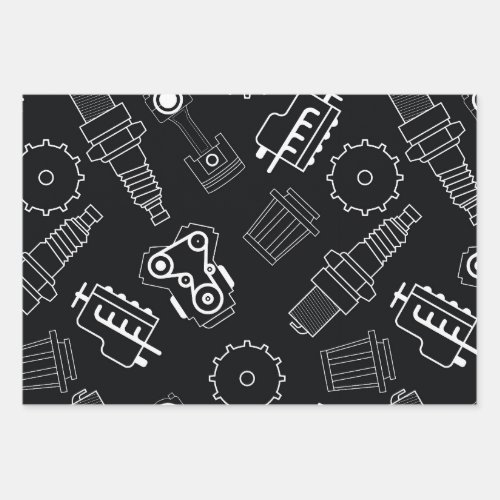 Black and white mechanical auto parts pattern wrapping paper sheets