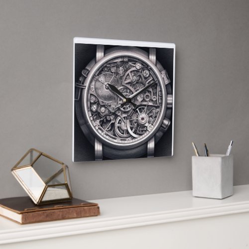 Black and White Mechanical Steampunk Time Watch Square Wall Clock