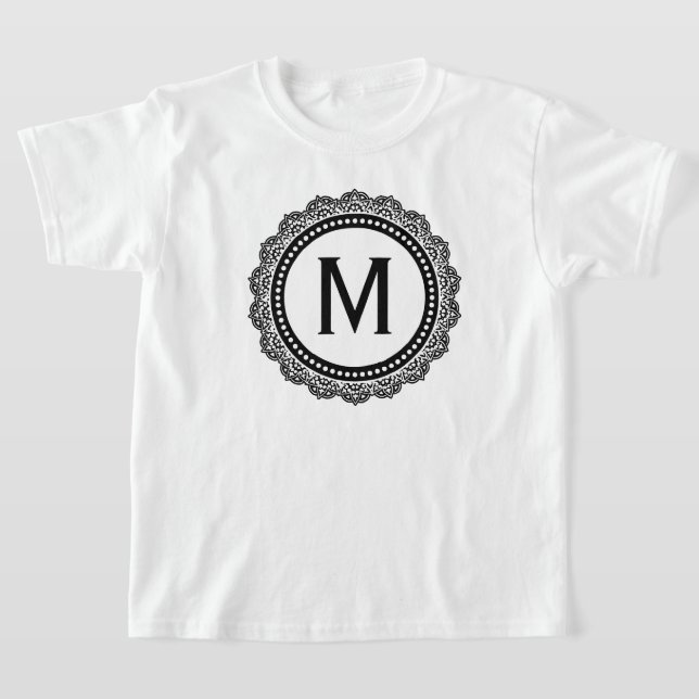 Black And White Medallion Custom Initial T-Shirt (Laydown)