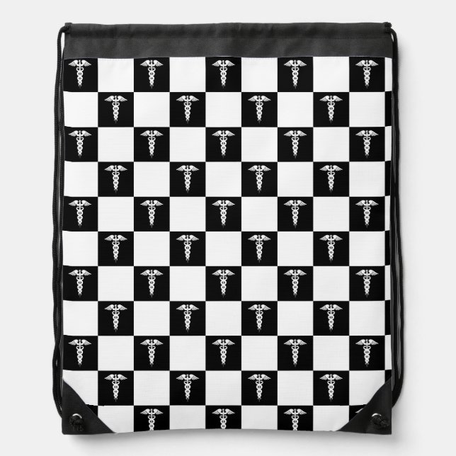 Black and White Medical Symbol Caduceus Drawstring Bag (Front)
