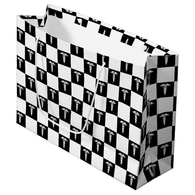 Black and White Medical Symbol Caduceus Large Gift Bag (Front Angled)