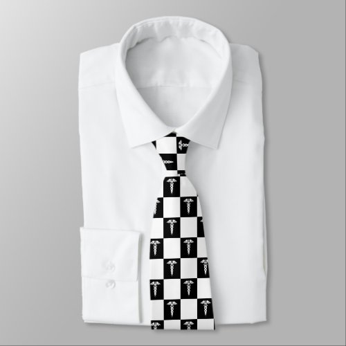 Black and White Medical Symbol Caduceus Neck Tie