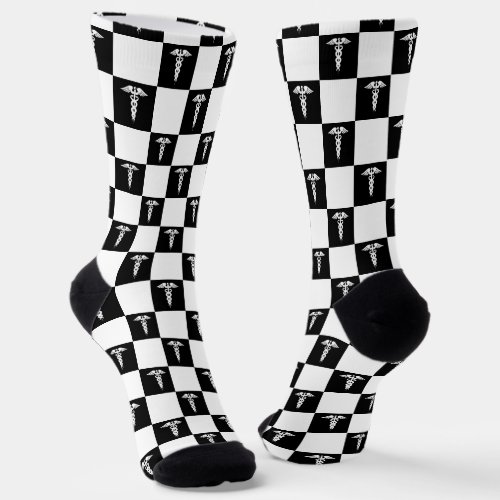 Black and White Medical Symbol Caduceus Pattern Socks