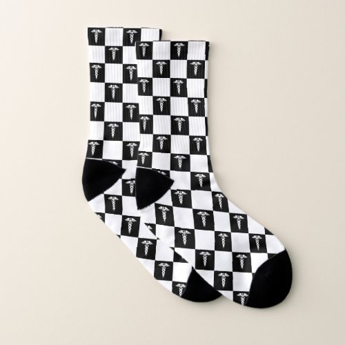 Black and White Medical Symbol Caduceus Socks