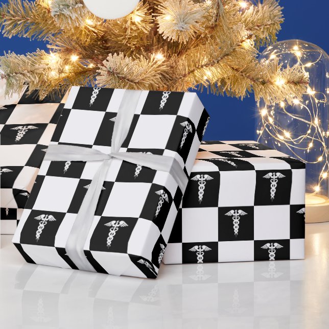Black and White Medical Symbol Caduceus Wrapping Paper (Holidays)