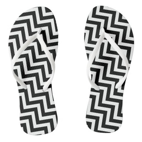 Black and White Medium Diagonal Chevron Stripes Flip Flops