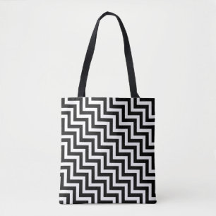 Black and White Medium Diagonal Chevron Stripes Tote Bag