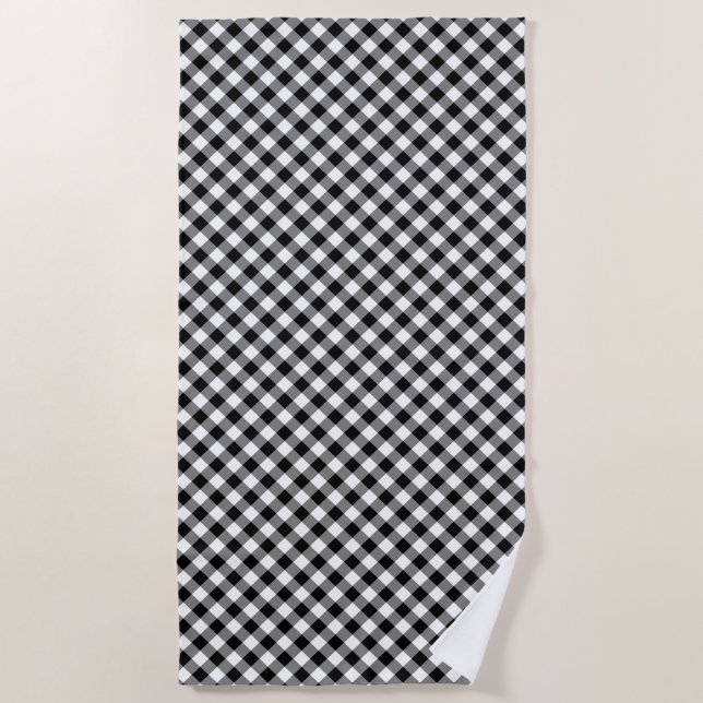 Black and White Medium Diagonal Gingham Checks Beach Towel (Front)