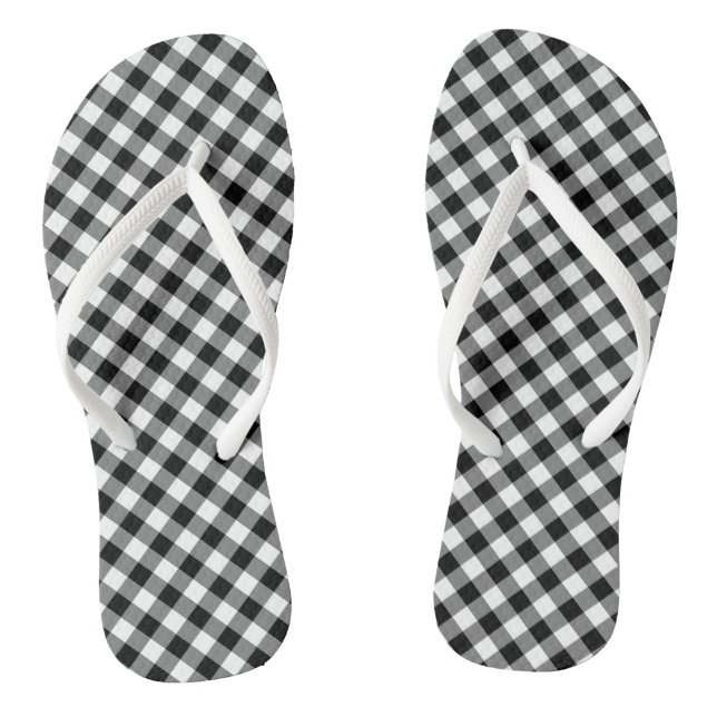 Black and White Medium Diagonal Gingham Checks Flip Flops (Footbed)