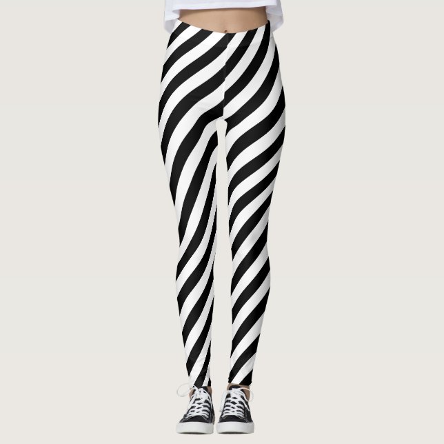 Black and White Medium Size Diagonal Stripes Leggings (Front)