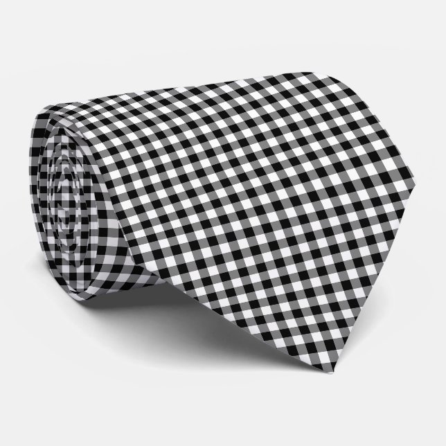 Black and White Medium Size Gingham Checks Neck Tie (Rolled)