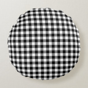 Black and White Medium Size Gingham Checks Round Pillow