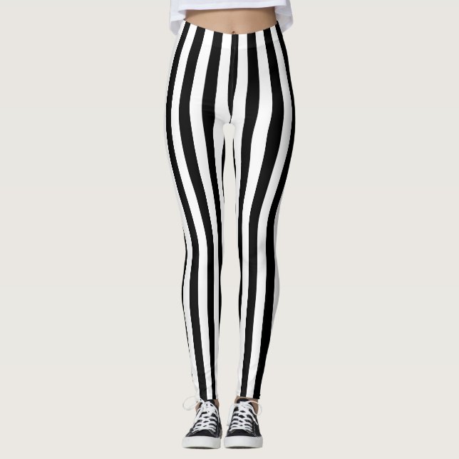 Black and White Medium Size Vertical Stripes Leggings (Front)