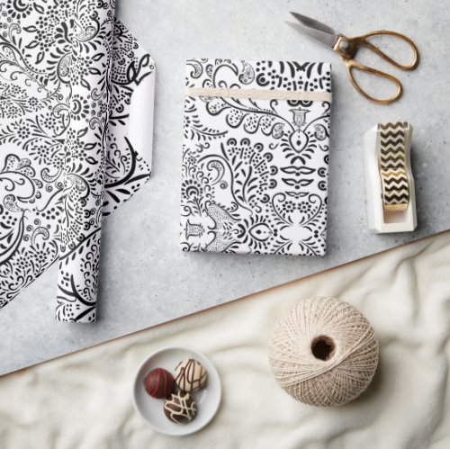 Black and White Mehndi Paisley Indian Pattern Wrapping Paper