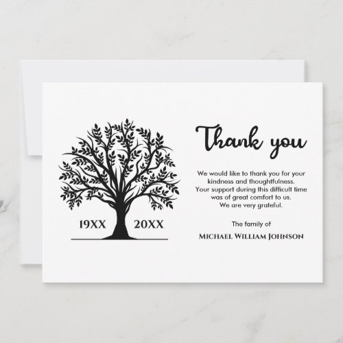 Black And White Memorial Funeral Tree Of Life Thank You Card