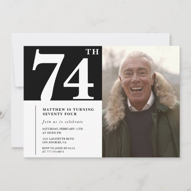 Black and White Men 74th birthday Invitation (Front)